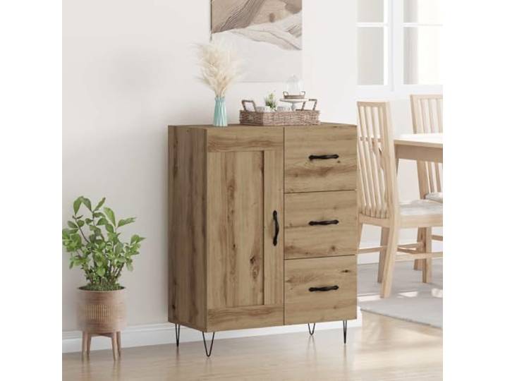 RJPLMFV Anrichte Eiche handgefertigt, 69,5 x 34 x 90 cm, aus Holz Scharniertüren, Füße aus Eisen, funktionale Regale, moderne Stangengriffe