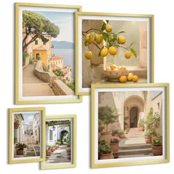 BILDER SET 5er Set - 50x50 cm & 20x30 cm & 40x60 cm Goldrahmen - Zitrusfrüchte in der Küche