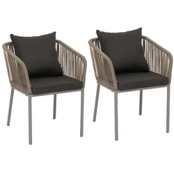 Proregal 2er-Set Gartenstuhl | HxBxT 75x55x55cm | Sitzhöhe 48cm | wetterfest Aluminium Seilgeflecht Rope | Grau | Outdoor Armlehne