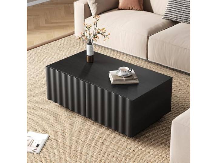 Merax Couchtisch 100x50x40cm, mit Wellenmuster & 2 Schubladen, moderner minimalistischer Wohnzimmertisch mit Stauraum, MDF+PB-Konstruktion, vielseitige Tischplatte, Schwarz