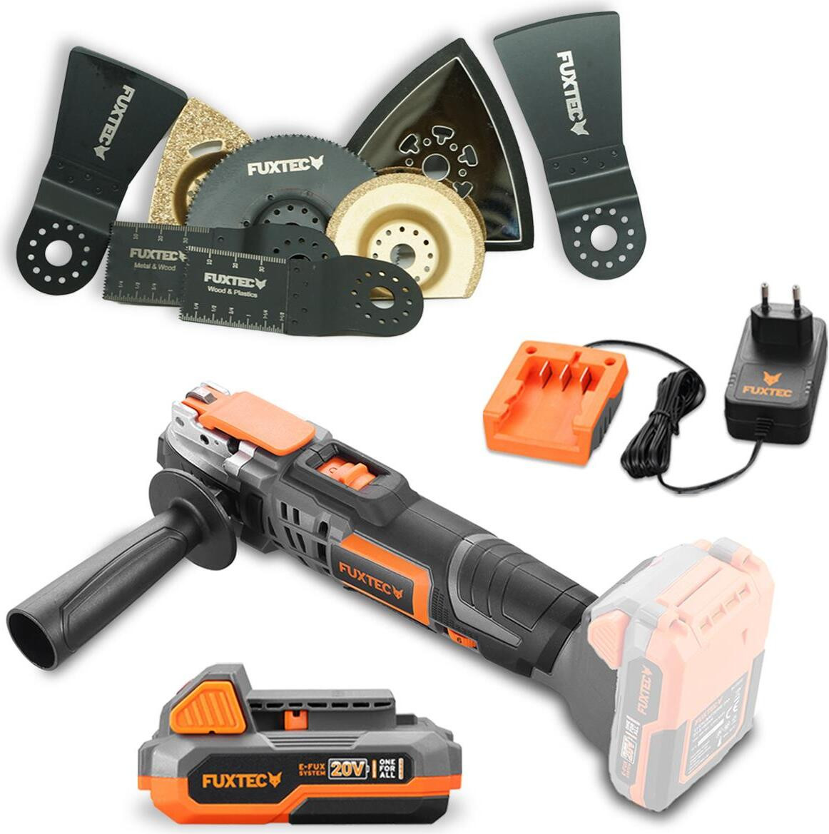 Fuxtec 3-in-1 multifunctioneel gereedschap 20V accu set FX-E1MT20 met 8 accessoires