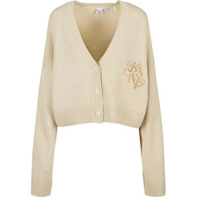 Strickjacke KARL KANI "Karl Kani Kani Legacy Knit Cardigan", Damen, Gr. L, beige (sand), 100% Polyacryl, unifarben, oversize, V-Ausschnitt, Strickjacken Strickjacke