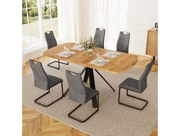 JIEXI Esstisch mit 6 Stühlen Set ausziehbar, 7-teilige Essgruppe mit Küchentisch und gepolsterten Esszimmerstühlen, Esszimmermöbel für Küche Esszimmer Wohnküche, Holzoptik Schwarz