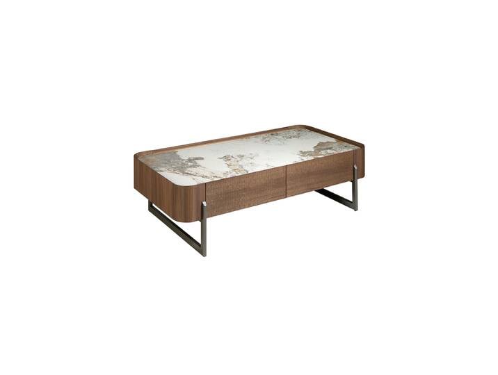 Grosser Design Keramik Couchtisch „Mykonos“ mit zwei Schubladen Nussbaum, Weiss, Dunkelgrau Angel Cerdá