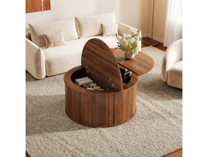Couchtisch Wohnzimmertisch Kaffeetisch MDF rund höhenverstellbar Stauraum