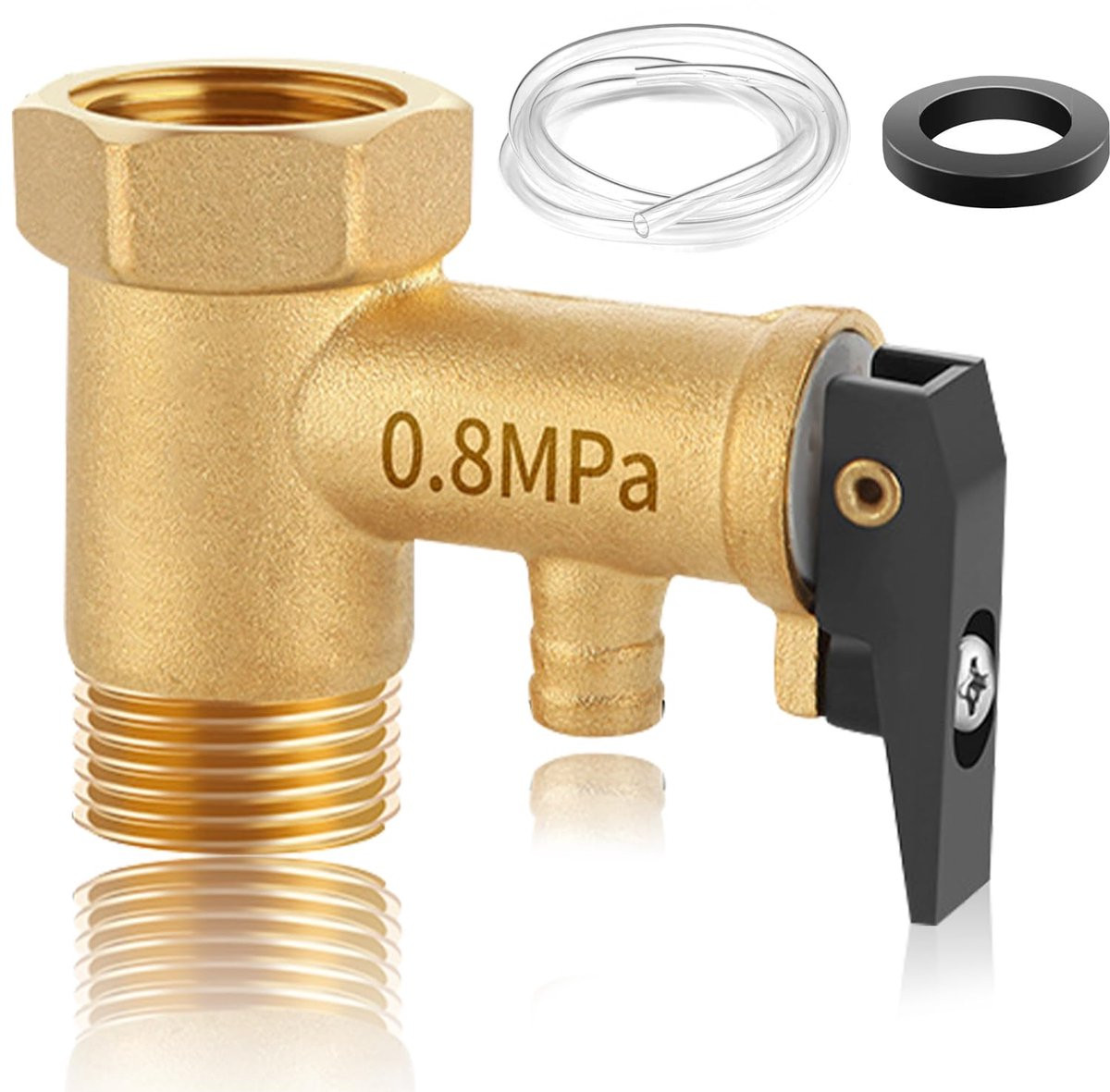 Veiligheidsventiel 1/2 inch, 0,8 MPa, Messing, voor Boiler, inclusief Siliconen Slang en Afdichting