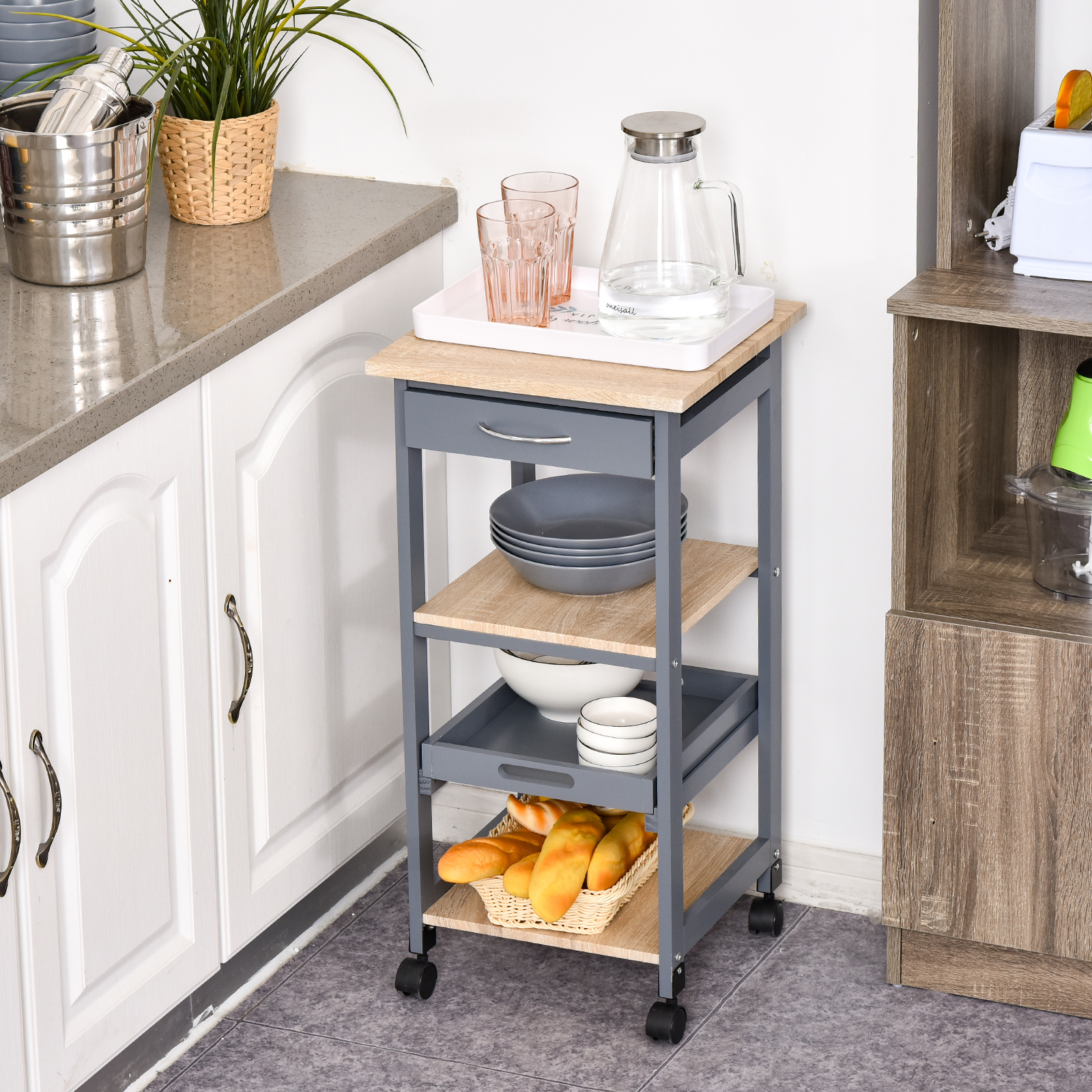 Homcom Carrello da Cucina Portafrutta con Ruote Cassetti, 2 Ripiani e Vassoio Estraibile, in legno e MDF 37x37x76cm, Grigio Aosom Italy