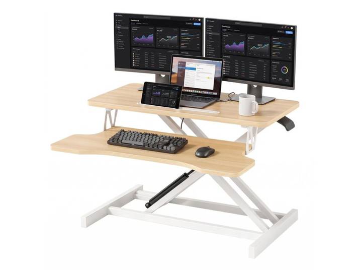 Rehausseur de bureau assis debout support double moniteur tablette clavier acier et MDF couleur bois 80x40x50 cm