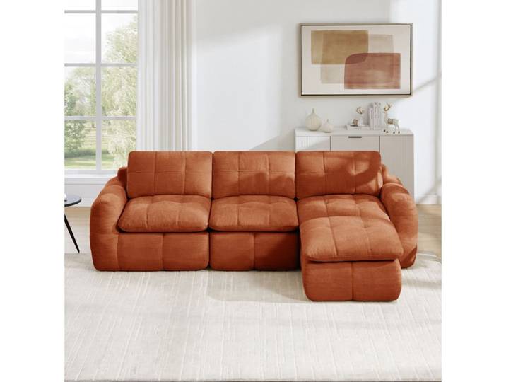 HOMVRA canapé d'angle modulable 3 places en L avec ottoman chenille orange sans montage