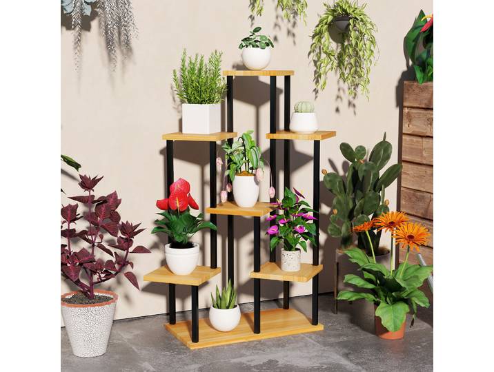 Outsunny Support Plantes 7 Niveaux Bois Naturel Acier Extérieur