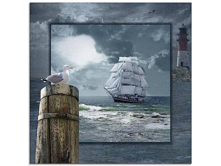 ARTland Wanddeko Glasbilder Wandbild Glas Bild einteilig 50 x 50 cm Maritime Deko Collage Segelschiff Leuchtturm Meer Wellen Poller Möwe T6DA