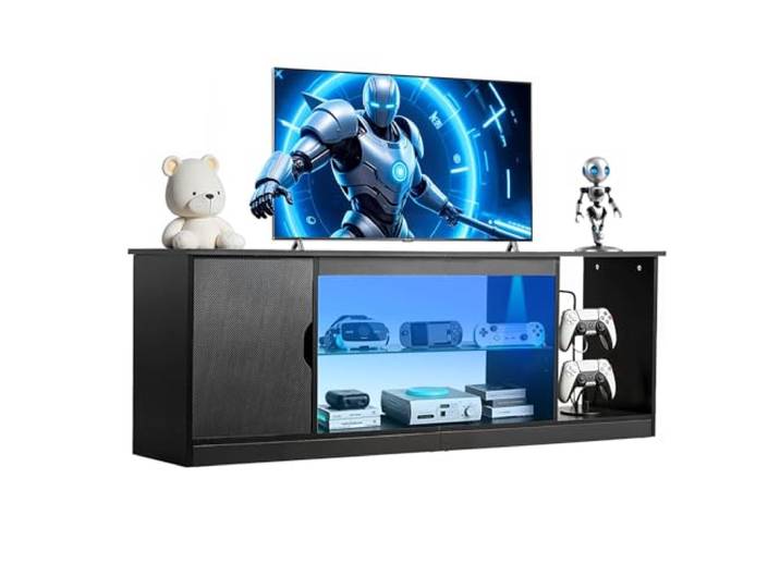 VEVOR Meuble TV pour Télévision Jusqu’à 165 cm\, Banc TV Moderne en Bois\, Centre de Divertissement avec Bande Lumineuse\, Étagères en Verre et Réglables\, Rangement pour Salon\, Salle Multimédia\, Noir