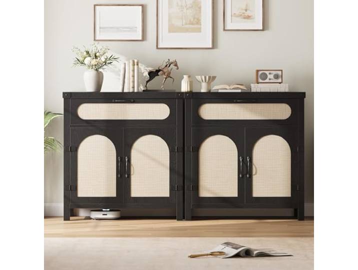 IDEALHOUSE Rattan Sideboard Mit Schublade & Türen, Schwarz Mit verstellbaren Ablagen, reichlich Stauraum, passend für Wohnzimmer, Esszimmer und Flur