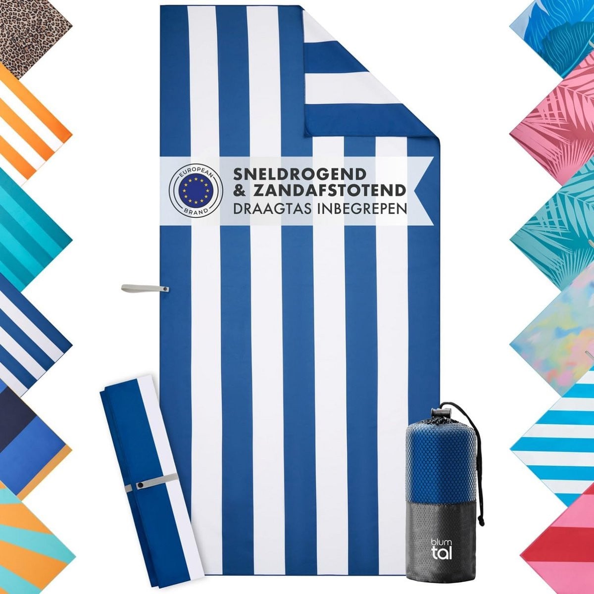 Strandlaken Microvezel - Grote Handdoek - Blauw Wit Strepen - 90x180 cm