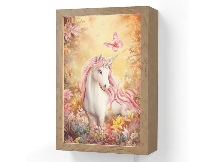 OnlyWow Wandleuchte - Einhorn - Blumen - Schmetterling - Rosa - 20x30 cm, Beige, Holzwerkstoff, Rechteckig, LED integriert, 20x30x8 cm, Lampen & Leuchten, Innenbeleuchtung, Wandlampe