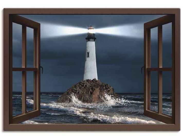 Leinwandbild ARTLAND Fensterblick Leuchtturm mit Lichtstrahl , braun (farbe bild(er): braun), B:100cm H:70cm, Bilder, Leinwandbild, auf Holzrahmen gespannt