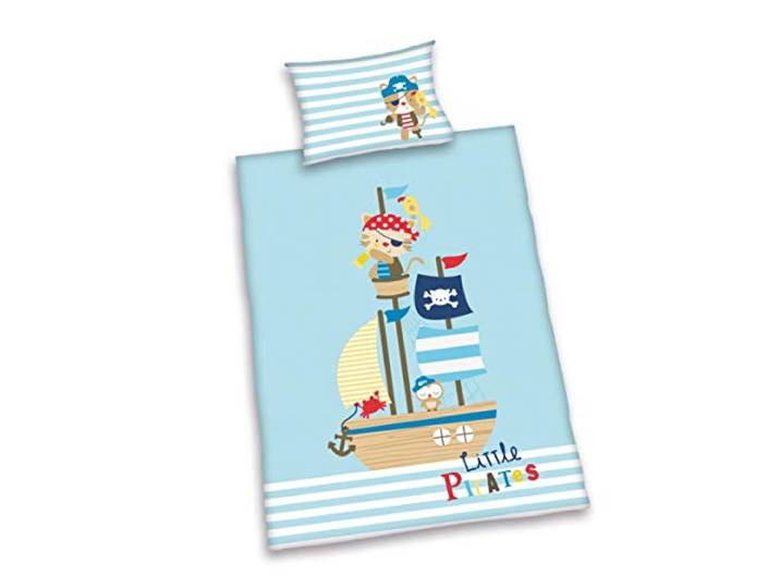 Herding Baby Best Kleinkinder-Bettwäsche-Set, Lara Little Pirates Wendemotiv, Bettbezug 100 x 135 cm, Kopfkissenbezug 40 x 60 cm, Baumwolle/Renforcé, Schwarz, Weiß