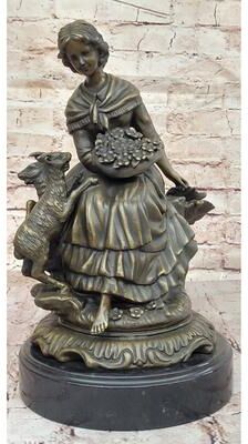 Bronzhaus Charming Bronze Sculpture Of Young Girl With Basket Of Flowers And Playful Lamb – Classic Art Figurine On Marble Base