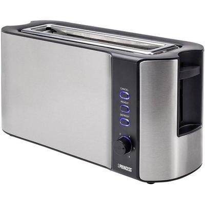 Princess Langschlitztoaster mit eingebautem Brötchenaufsatz Edelstahl, Schwarz