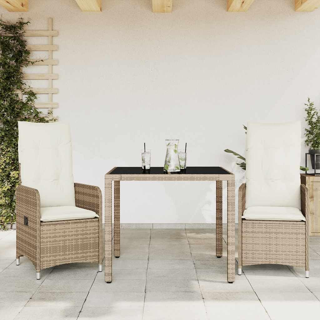 3-teiliges Garten-Bistro-Set aus beigem Poly-Rattan mit Kissen für Balkon, Terrasse und Garten, einschließlich verstellbarer Loungesessel und Balkontisch, wetterfest, pflegeleicht, komfortabel und modern