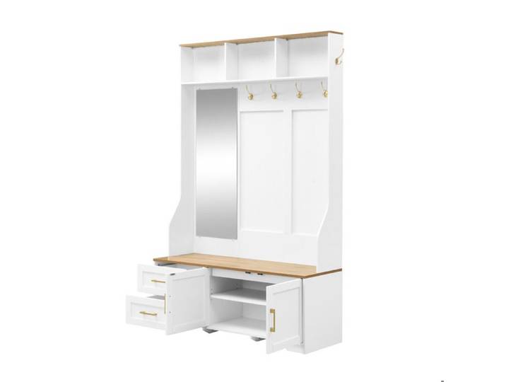 Meuble d'entrée multifonctionnel – LED miroir crochets tiroirs et rangement – Blanc et bois