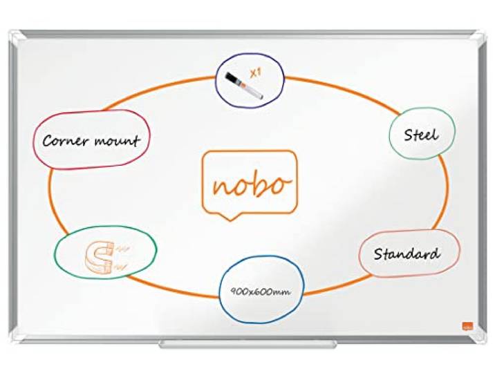 Nobo Tableau Blanc Acier Magnétique\, 900 x 600mm\, Cadre Aluminium\, Montage Mural par les Coins\, Marqueur Inclus\, Premium Plus\, Blanc\, 1915155