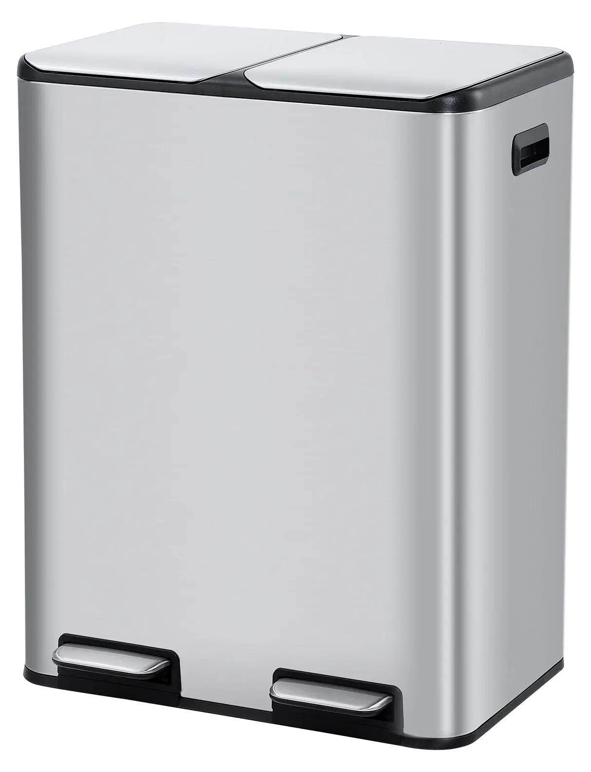Mülltrennsystem Küche - Doppel-Tretmülleimer 60L - Edelstahl - Soft-Close Deckel - 2x30L Behälter - Rechteckig - Silber