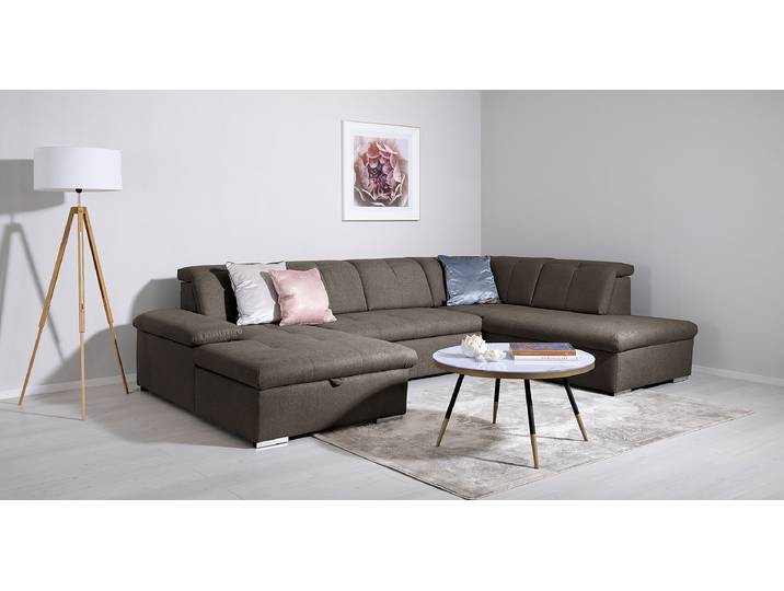 Wohnlandschaft Tarem mit Schlaffunktion Braunschwarz Webstoff Genia 328 x 80 x 215cm Ottomane davorstehend rechts mit Schlaffunktion Modern
