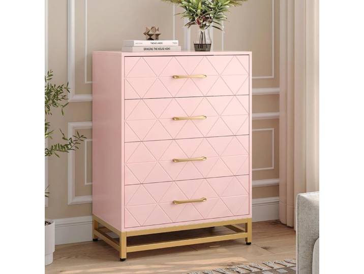 Commode Buffet à 4 tiroirs table de chevet avec rangement et organisation pour chambre cuisine rose