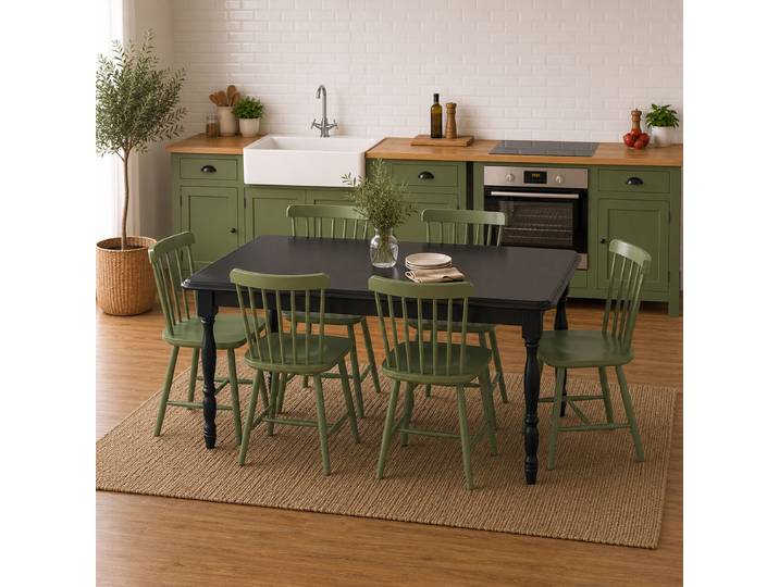 Landhaus Esszimmer-Set:: 6 Stühle und 1 Tisch, schwarz/resedagrün