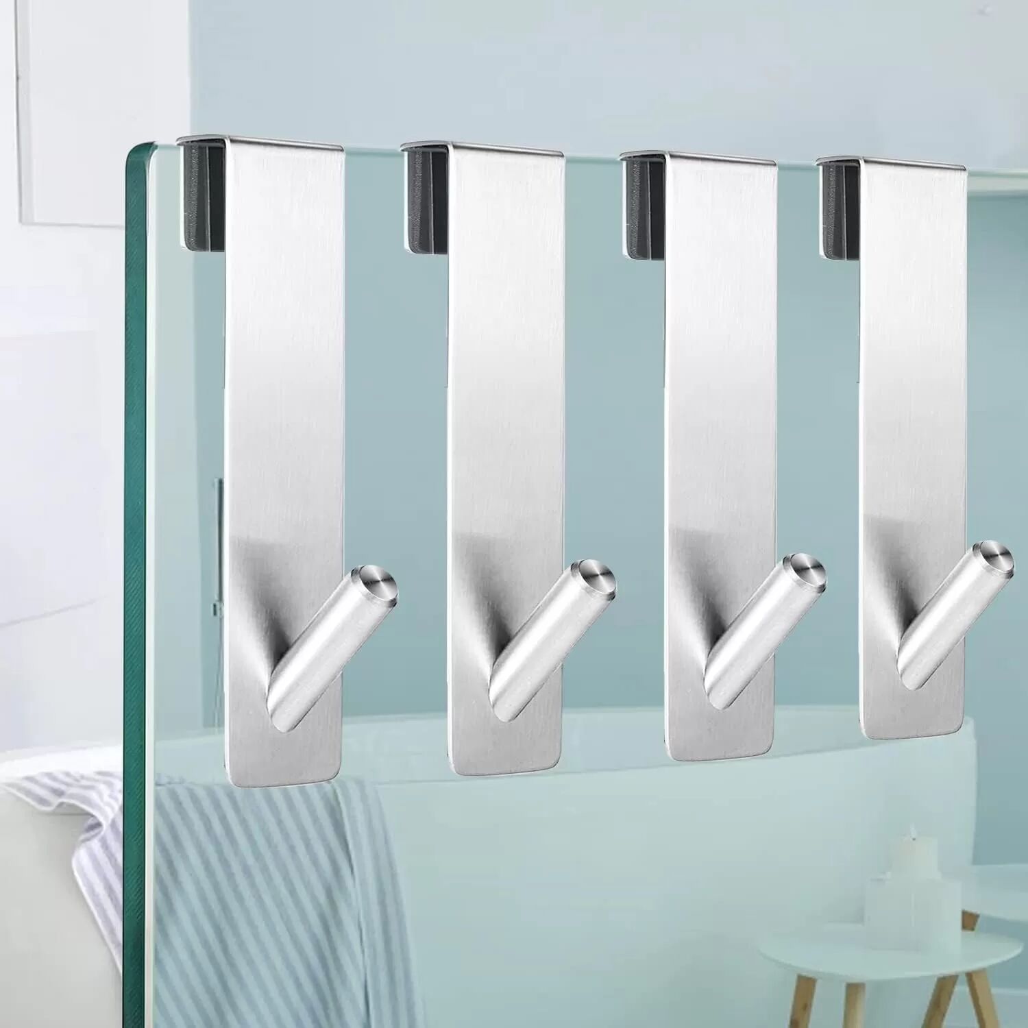 INF Bohrerlose Duschhaken 4er Set, Edelstahl Über Die Glas Duschwand Haken Silber