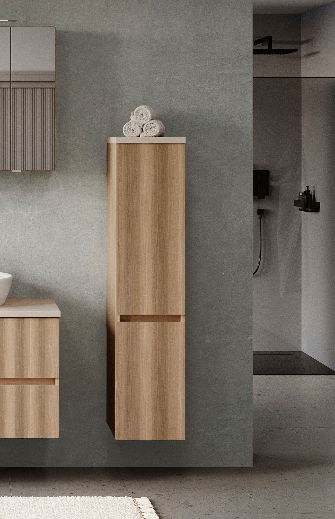 Midischrank WELLTIME "EIXO, 2 Türen, 3 verstellbare Einlegeböden, inklusive Dekorfüsse", braun (eiche hell), B:30cm H:131cm T:35cm, Holzwerkstoff, Schränke, Midischrank eiche hell Eiche hell, B/H/T: 30cm x 131cm x 35cm, Türen: 2 Stk. Sandsteinoptik