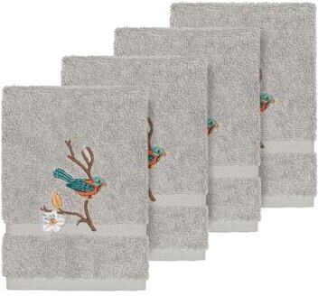 Authentic Hotel and Spa Turkish Cotton Blue Bird Embroidered Light Grey 4-piece Washcloth Set