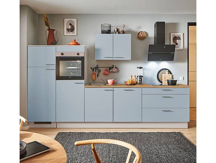 Autarke Küchenzeile Apotheker A 310cm Ausrichtung links Blau/Pastellblau