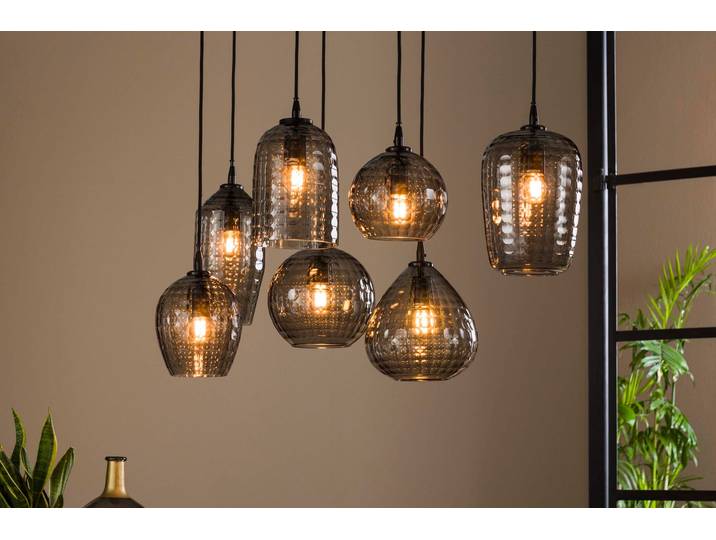 Pendelleuchte „Aurelia“ – mit 7 Leuchten im Rauchglas-Design und Metall Armatur - Rauchglas - Luxusbetten24