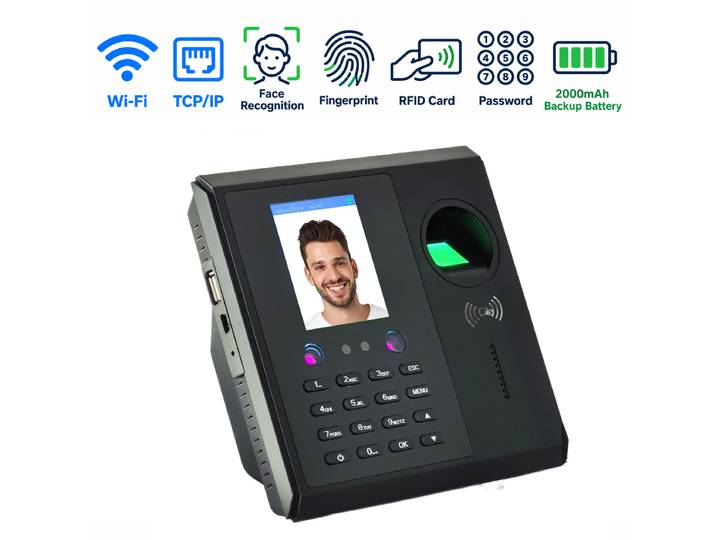 Machine de pointage et de reconnaissance faciale CF16 avec WiFi, lecteur d'empreintes digitales, carte RFID, batterie de secours 2000mAh, horloge de pointage pour employés.