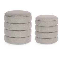 Pouf Katerina 2er-Set aus Boucle-Stoff, rundes Design mit Stauraum, hellgrau, weich gepolstert