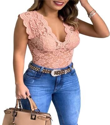 Uplifted Finds Womens V Neck Floral Lace Bodycon Tank Top m pink