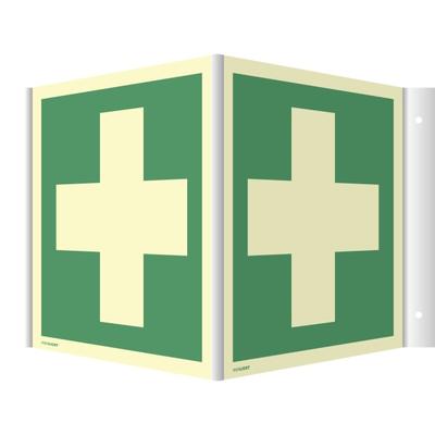 Winkelschild Erste Hilfe ISO 7010 Kunststoff nachleucht. 160-mcd 148x148 mm.