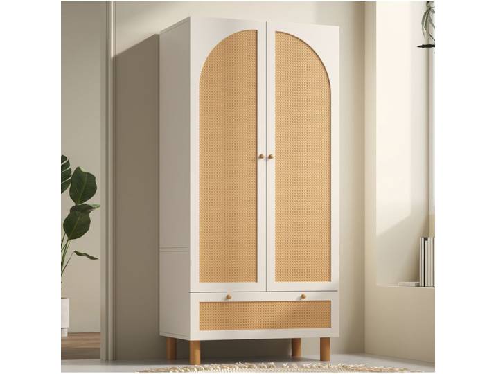 Armoire 2 Portes Bois Blanc Penderie Style Campagne FloraGrace Pour Chambre Ou Entree Avec Grand Tiroir 85 5x52x180 5cm