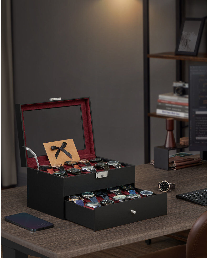 Rebrilliant Medium Density Fibreboard Watch Box + Black/Wine Red 16cm H X 28.5cm W X 20.5cm D