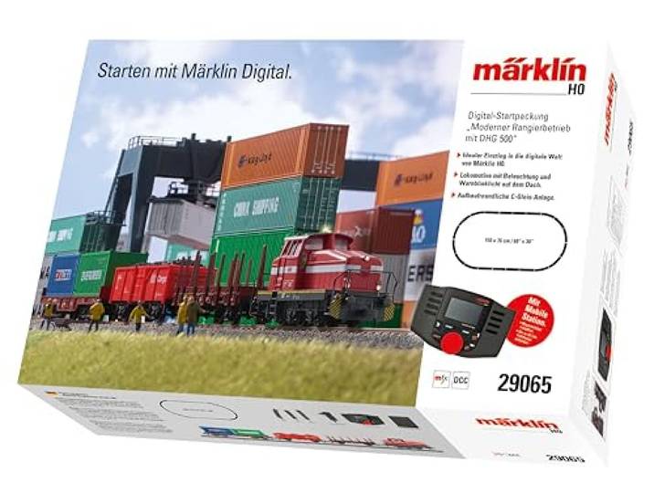 Märklin 29065 Digital-Startpackung Moderner Rangierbetrieb, Spur H0 Modelleisenbahn, viele Soundfunktionen, mit Mobile Station und C-Gleis Schienen