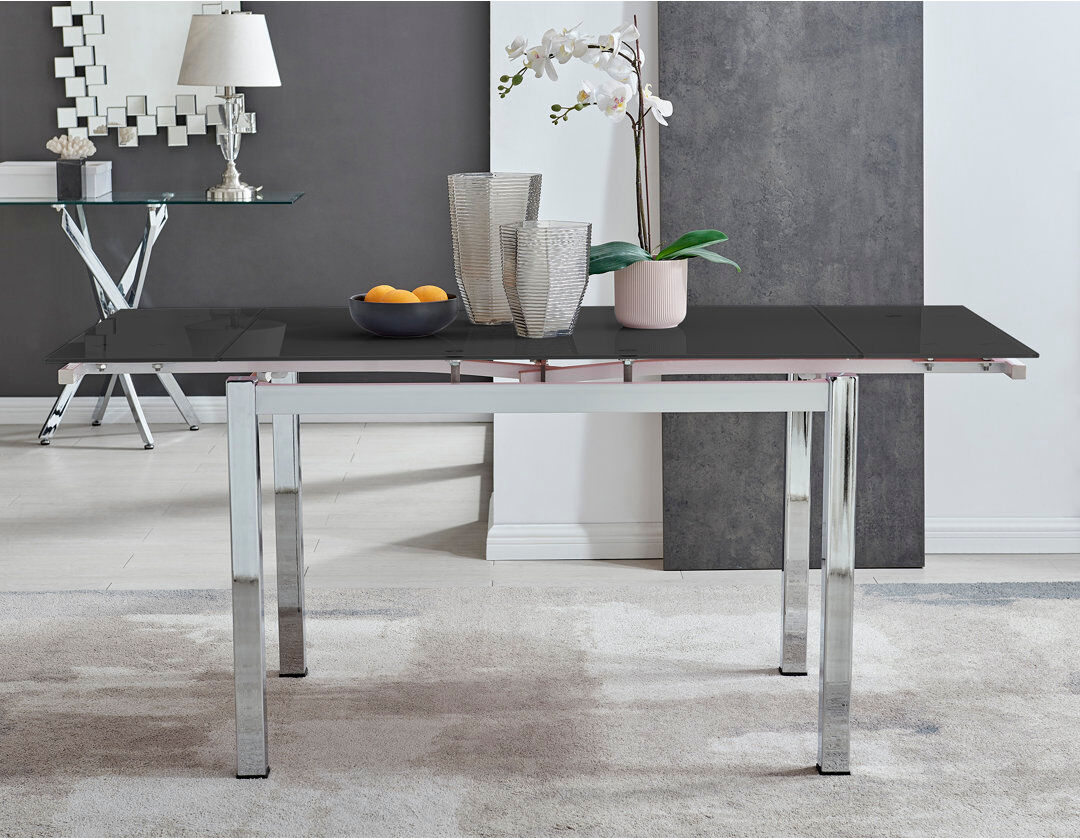 Canora Grey Tierra Glass and Chrome Metal Extendable Modern Dining Table Black