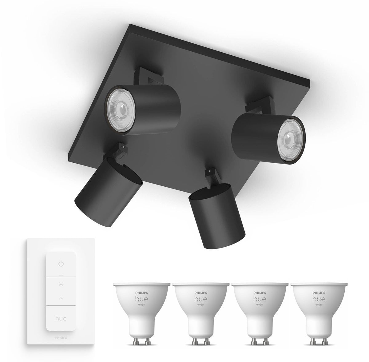 Philips Hue Runner Opbouwspot Zwart - Set van 4 LED Plafondspots - Inclusief Hue Dimmer Switch - Warmwit Licht
