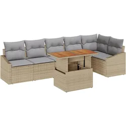 vidaXL 7-teiliges Gartenset mit Kissen in Beige, aus Poly-Rattan und Akazie.