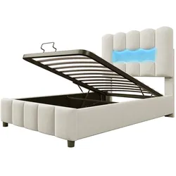 OKWISH Polsterbett Samt Beige 90x200 cm, mit hydraulischem Stauraum, LED-Beleuchtung und manuell verstellbarem Kopfteil