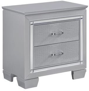 Benjara Nightstand, LED Mirror Trim, 2 Faux Alligator Embossed Drawers, Silver