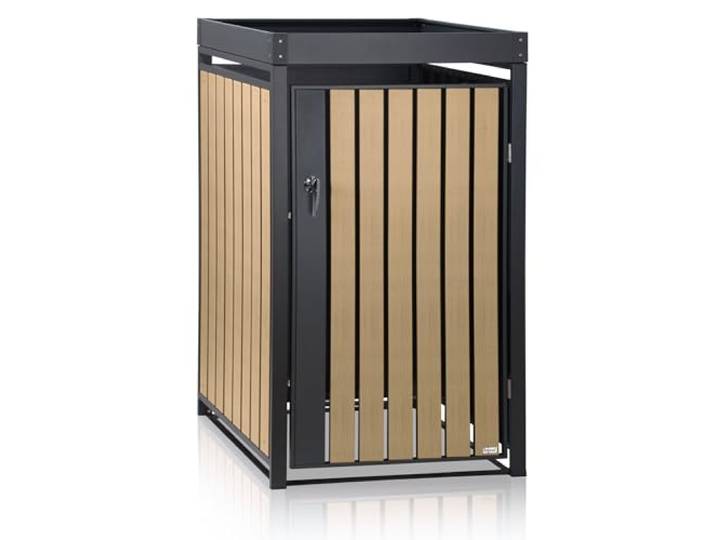 Zelsius Mülltonnenbox 1er mit Pflanzdach für 1 Mülltonne (B) 68 x (T) 80 x (H) 124 cm Anthrazit RAL 7016, Tür in Holzoptik mit Erweiterungsmöglichkeit Mülltonnenverkleidung für 1 Tonne