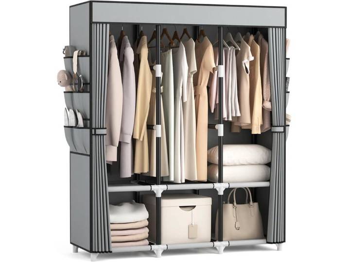 Penderie armoire en tissu 3 tiges suspension 6 étagères 132 x 44 x 170 cm tube métal 19 mm grise portable