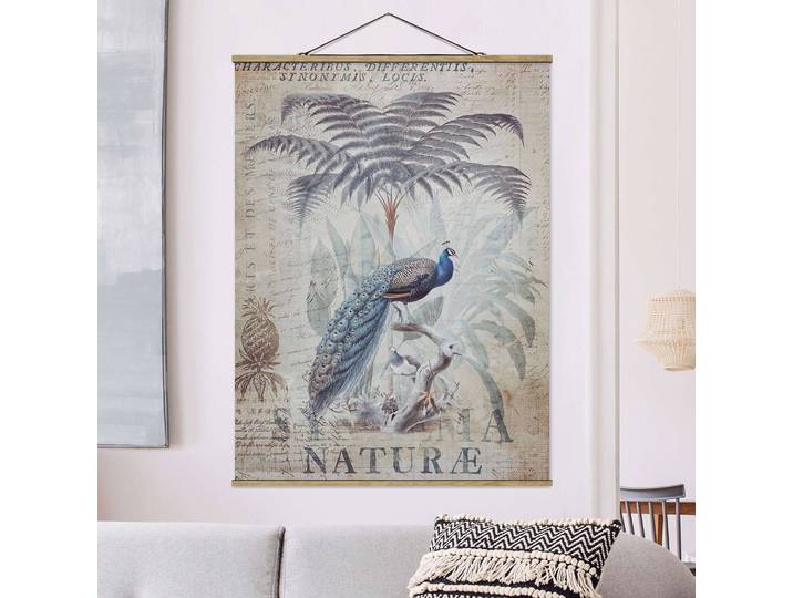 Stoffbild Shabby Chic Collage Pfau Webstoff Grau 35 x 47cm